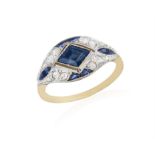 AN EARLY 20TH CENTURY SAPPHIRE AND DIAMOND DRESS RING, of openwork design, set with a central