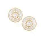 A PAIR OF DIAMOND EARRINGS, each circular shape set with brilliant and tapered baguette-cut