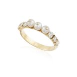 A CULTURED PEARL AND DIAMOND RING, composed of three cultured pearls at the centre between