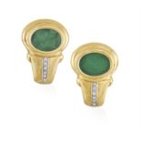 A PAIR OF DIAMOND EARCLIPS, each composed of a green intaglio surmount (possibly green agate),