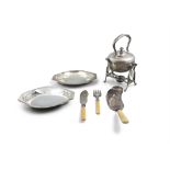 A COLLECTION, comprising a silver plated circular baluster tea kettle on stand with burner; a pair