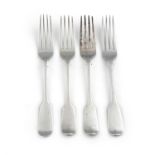 A MATCHED SET OF FOUR 19TH CENTURY ENGLISH SILVER PLAIN FIDDLE PATTERN DINNER FORKS,