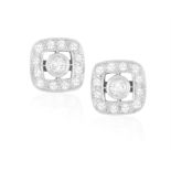 A PAIR OF DIAMOND EARRINGS, each of openwork cushion shape centring a brilliant-cut diamond within