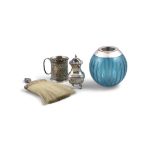 A COLLECTION, comprising a silver plated baluster pepper pot; a cylindrical mug; a blue glass