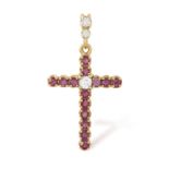 A RUBY AND DIAMOND CROSS PENDANT, the Latin cross set with circular-cut rubies with an old