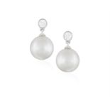 A PAIR OF CULTURED PEARL AND DIAMOND PENDENT EARRINGS, each collet-set brilliant-cut diamond