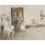 Basil Blackshaw HRHA RUA (1932-2016) Figures in an Interior Oil and watercolour on paper, 30 x 39.