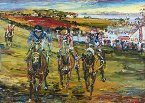 Liam O'Neill (b.1954) Horses and Jockeys Oil on canvas, 75 x 101cm (29½ x 39¾'') Signed Liam