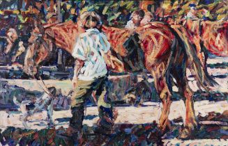 Arthur Maderson (b.1942) Figure with Horses and Dogs Oil on board, 64 x 96cm (25¼ x