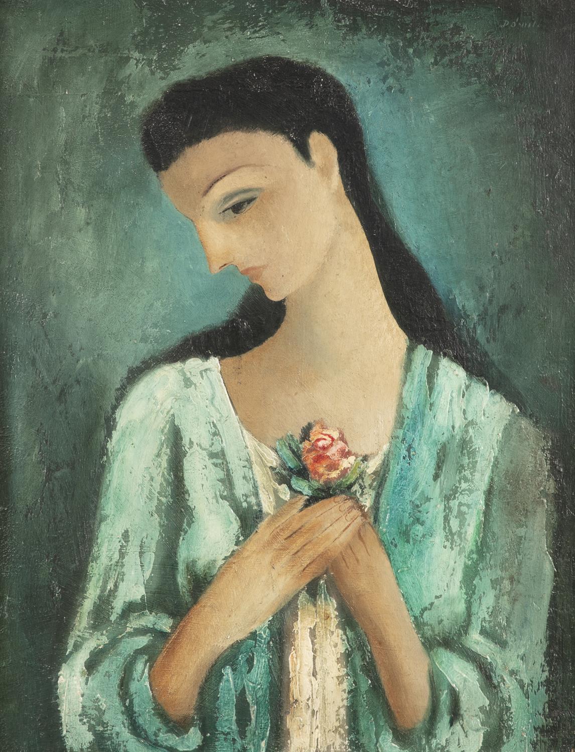Daniel O'Neill (1920-1974) Girl with a flower Oil on board, 50 x 40cm (19.6 x 15.