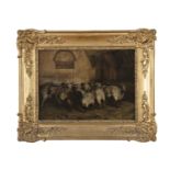 J. J. GUILLARMONT (French, 19th century) Sheep in a barn Oil on canvas, 13½ x 18 (34 x 46cm)