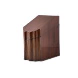 A GEORGE III MAHOGANY SLOPE FRONT KNIFE BOX, with shaped front and fitted interior. 40cm high