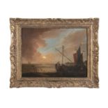 FOLLOWER OF LIEVE VERSCHUIER Harbour scene at sunset Oil on canvas, 49 x 66cm