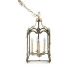 AN HEXAGONAL OXIDISED BRASS HALL LANTERN, EARLY 20TH CENTURY, in Regency style, 47cm hIGH