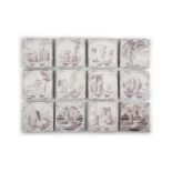 A COLLECTION OF TWELVE 18TH CENTURY DUTCH DELFT MANGANESE TILES, each painted with individual