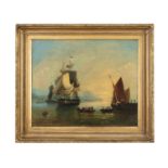 ENGLISH SCHOOL (19TH CENTURY) British and Dutch men-o-war at anchor, evening, in a harbour (possibly