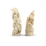 *A JAPANESE 19TH CENTURY IVORY CARVING OF STANDING MAN WITH A MONKEY, Meiji period. 15cm high;