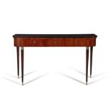 CONSOLE A rosewood console, with three drawers, on four tapered legs with brass detailing,