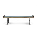 BUGATTI A bench by Bugatti, wood, brass, metal and fabric, Italy c.1950s, with maker's label.