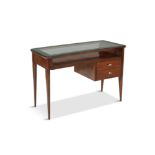 DESK A small rosewood desk, with a glass top and two drawers, on four tapered legs, Italy c.1960.