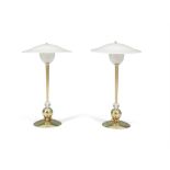 LAMPS A pair of gilt metal table lamps, with glass shades, Italy c.1970. 60cm(h)