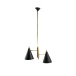 CEILING LIGHT A brass ceiling light, with two enamelled shades. 90cm(h)