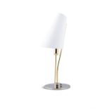 LAMP A gilt metal table lamp, with a cone shaped opaque glass shade. 63cm(h)