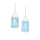 A PAIR OF AQUAMARINE AND DIAMOND PENDENT EARRINGS, BY FANNY BLANCHELANDE Each rectangular-cut