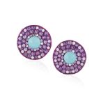 A PAIR OF AMETHYST, TURQUOISE AND DIAMOND EARRINGS, BY MARGHERITA BURGENER Each circular purple