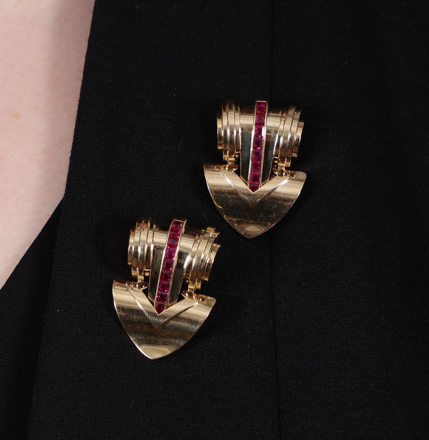 A PAIR OF RETRO CLIP BROOCHES, BY TIFFANY & CO., CIRCA 1940 Each designed as a polished gold - Image 8 of 10