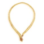A RUBY AND DIAMOND SNAKE NECKLACE Designed as an articulated polished gold body,