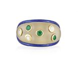 A GEM-SET AND ENAMEL DRESS RING Of domed design, set with brilliant-cut diamonds and