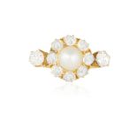 A MID-20TH CENTURY NATURAL PEARL AND DIAMOND CLUSTER RING Set with a button-shaped natural pearl