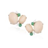 A PAIR OF CORAL, EMERALD AND DIAMOND EARCLIPS Each set with two graduated oval-shaped angel's