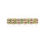 A LATE 19TH/EARLY 20TH CENTURY EMERALD, RUBY AND DIAMOND BRACELET Of openwork articulated design,