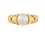 A CULTURED PEARL 'GANCIO' DRESS RING, BY BULGARI, CIRCA 1990 The central cultured pearl of white