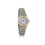 A LADY'S STAINLESS STEEL AND GOLD AUTOMATIC 'SANTOS' BRACELET WATCH, BY CARTIER, CIRCA