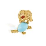 A TURQUOISE, AGATE AND PEARL NOVELTY BROOCH, CIRCA 1960 Modelled as a small dog,