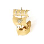 A RETRO DIAMOND AND PEARL BROOCH, BY MAUBOUSSIN, CIRCA 1950 Designed as a sail boat,