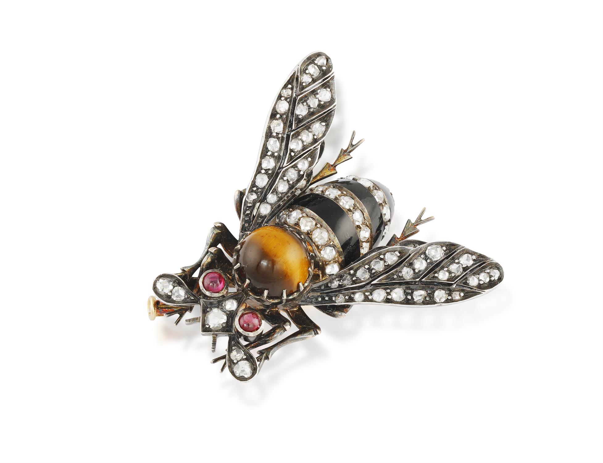 A LATE 19TH CENTURY BUMBLEBEE BROOCH, CIRCA 1880 The thorax formed as a cabochon tiger's eye, - Image 2 of 7