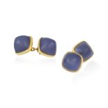 A PAIR OF CHALCEDONY CUFFLINKS, FRENCH Each sugarloaf blue chalcedony cabochon set within a