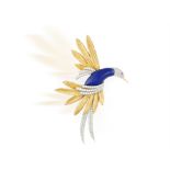 AN ELEGANT DIAMOND AND LAPIS LAZULI BIRD BROOCH, CIRCA 1965 Modelled as a bird of paradise,