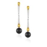 A PAIR OF COLOURED SAPPHIRE, DIAMOND AND ONYX PENDENT EARCLIPS Each onyx bead suspending from an