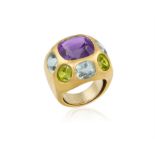 A GEM-SET 'COCO' COCKTAIL RING, BY CHANEL Of bombé design, the central cushion-shaped amethyst