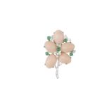 A CORAL, EMERALD AND DIAMOND BROOCH Designed as a stylised flower, composed of oval-shaped angel
