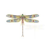 AN ENAMEL AND GEM-SET BROOCH Modelled as a stylised dragonfly, the green and blue plique-à-jour