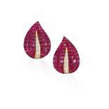 A FINE PAIR OF RUBY AND DIAMOND EARCLIPS Of bombé leaf design, each set with calibré-cut rubies