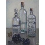 Hilda Van Stockum HRHA (1908-2006) Still Life with Bottles and Black Grapes Oil on board, 43.