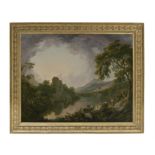 George Barrett Snr RA (c.1730 - 1784) Sun Rising: An Extensive Wooded Landscape with Fishermen