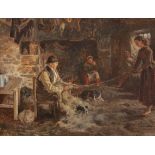 Basil Bradley (1842-1904) Irish Cabin Interior Showing a Man and Girl Making Súgán Rope Oil on